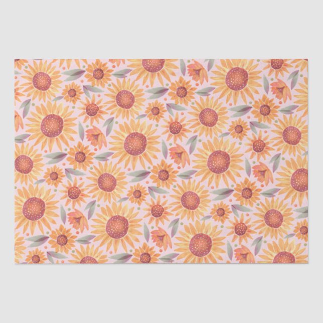 Papier Mousseline Fleurs de soleil jaunes Aquarelle rose pâle (Recto)