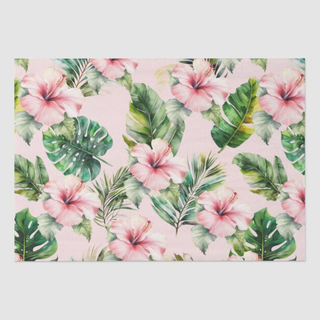 Papier Mousseline Fleurs d'Hibiscus roses aux Feuilles tropicaux (Recto)