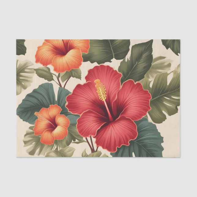 Papier Mousseline Fleurs d'Hibiscus Tropiques Rétro (Recto)