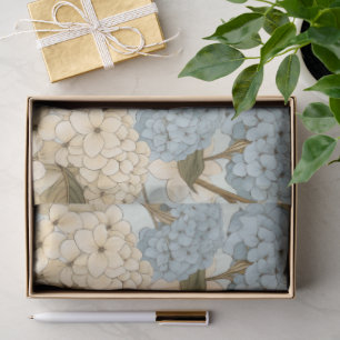 Papier Mousseline Fleurs d'Hydrangée Bleue et Blanche, et Feuilles v