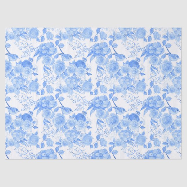 Papier Mousseline fleurs d'oiseaux bleus motif Mariage (Recto)