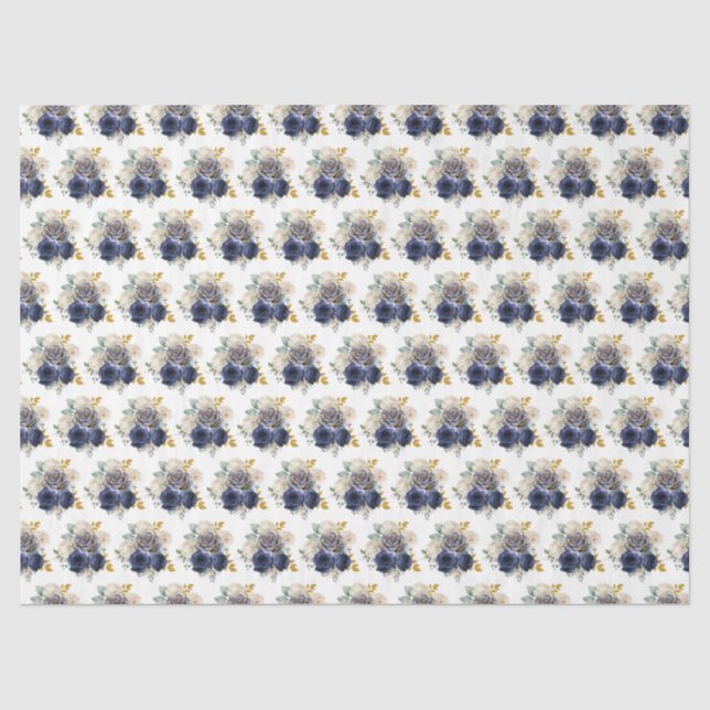 Papier Mousseline Fleurs élégantes bleu marine et or  (Recto)