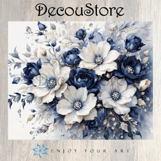 Papier Mousseline Fleurs Élégantes en Découpage Bleu et Blanc