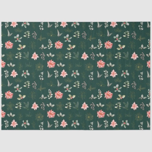 Papier Mousseline Fleurs et feuillage rouge Poinsettia sur Vert fonc (Recto)