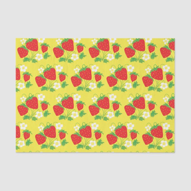 Papier Mousseline Fleurs et fraises Motif Jaune (Recto)