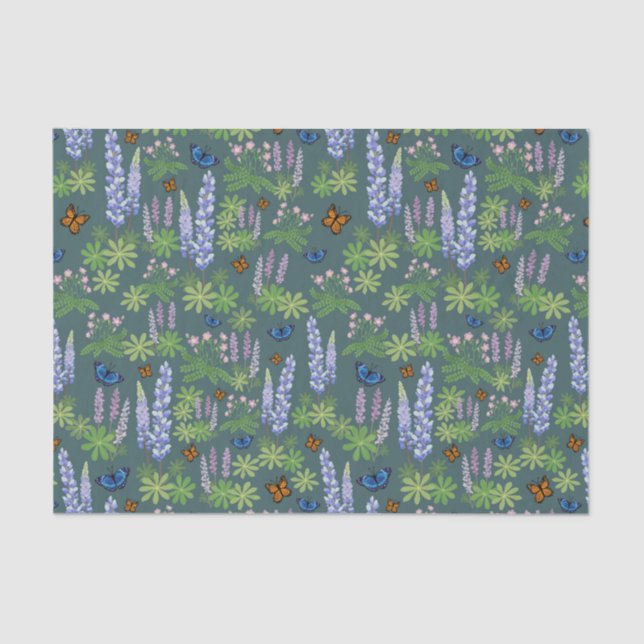 Papier Mousseline Fleurs et papillons découpage papier tissu lupin (Recto)