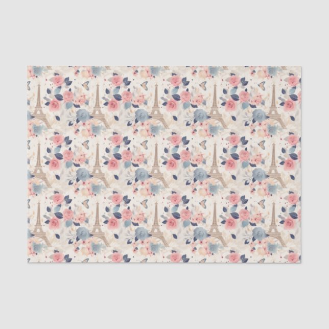 Papier Mousseline Fleurs et Tour Eiffel Paris Motif de voyage (Recto)