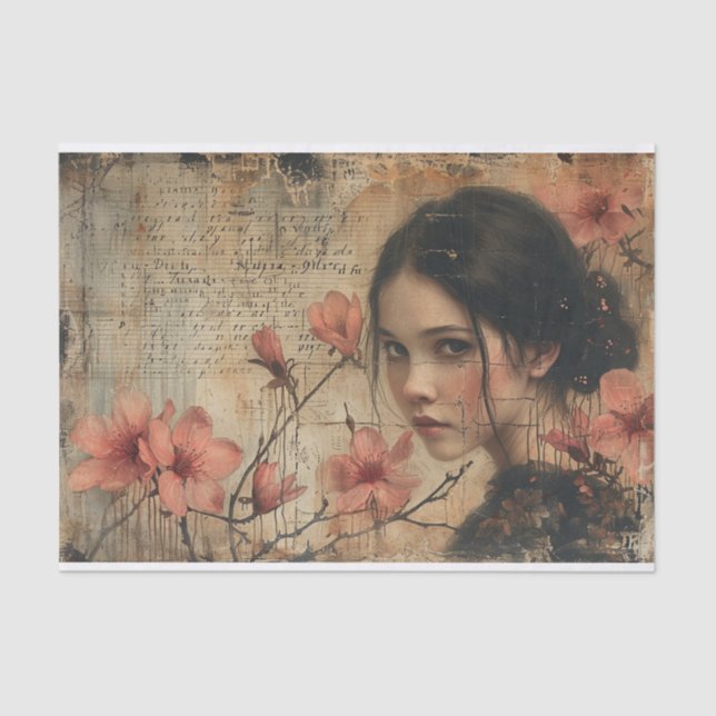 Papier Mousseline Fleurs et une jeune femme (Recto)