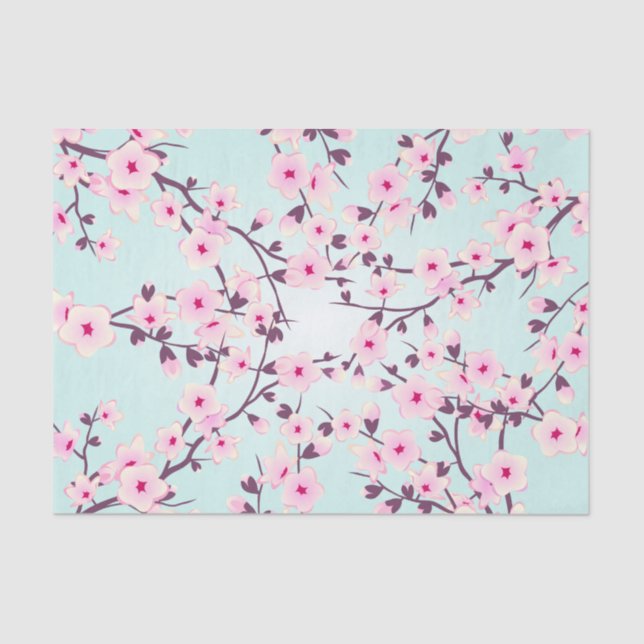 Papier Mousseline Fleurs florales de cerisier rose Turquoise (Recto)