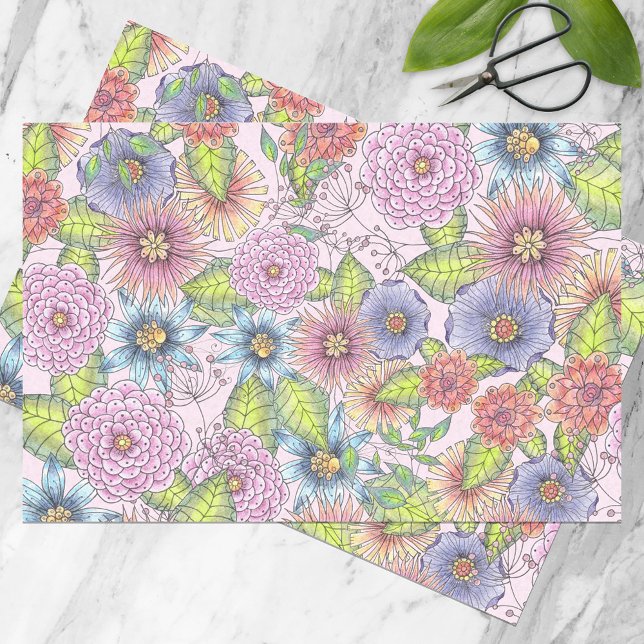 Papier Mousseline Fleurs florissantes et Feuilles verts sur rose pâl (Créateur téléchargé)