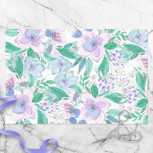 Papier Mousseline Fleurs florissantes violettes roses et Feuilles ve