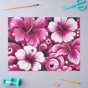 Papier Mousseline Fleurs hawaïennes tropicales Hibiscus rose blanc