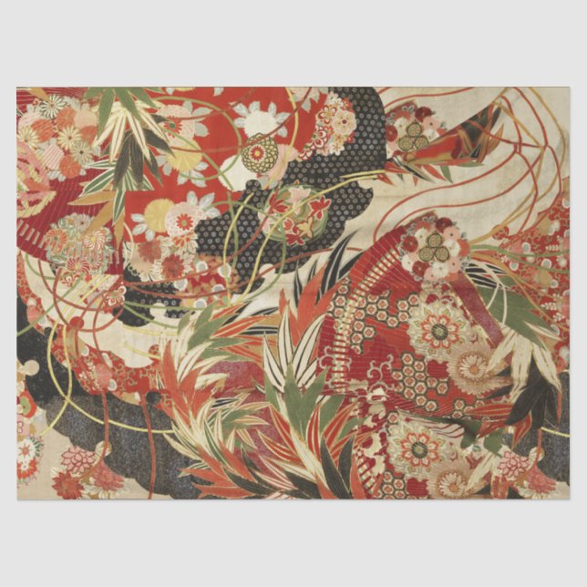 Papier Mousseline FLEURS JAPONAISES ANCIENNES Rouge Vert Noir Floral (Recto)