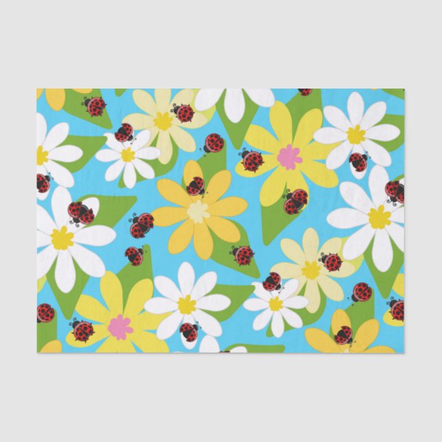 Papier Mousseline Fleurs jaunes blanches rouge coccinelle (Recto)