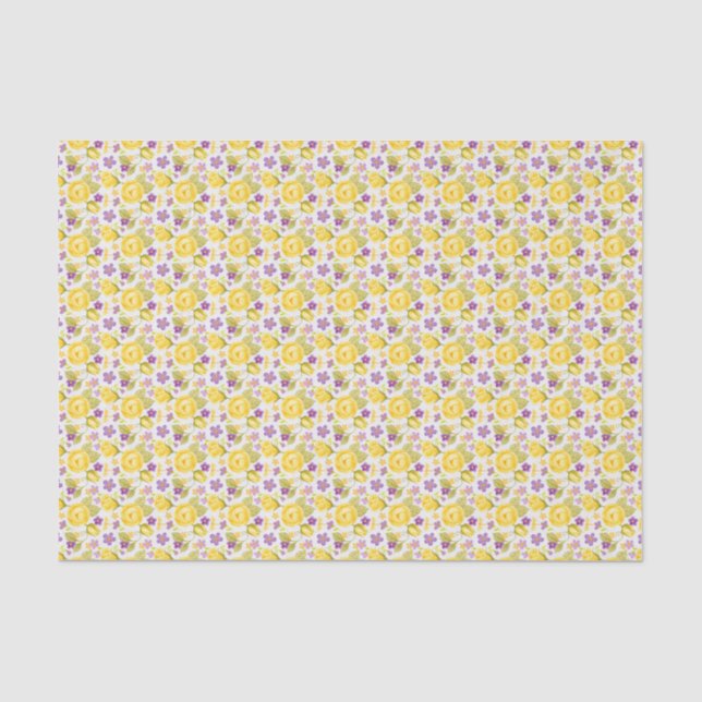 Papier Mousseline Fleurs jaunes et violettes Feuilles verts sur blan (Recto)