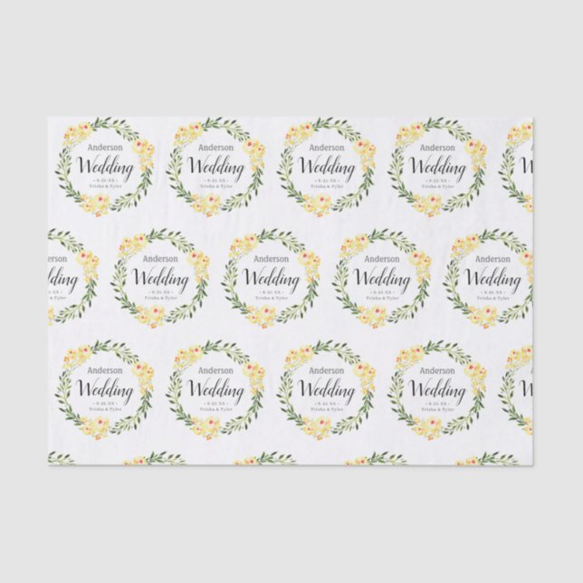Papier Mousseline Fleurs Jaunes W/C Noms et Date sur Mariage Blanc (Recto)