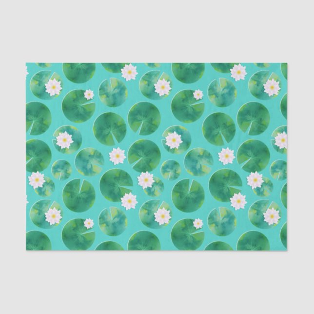 Papier Mousseline Fleurs Lys d'Eau Blanche & Motif Lily Pad (Recto)