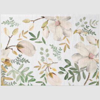 Papier Mousseline Fleurs Magnolia Blanches Feuilles Gold Green