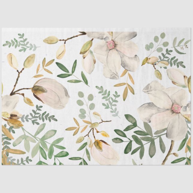 Papier Mousseline Fleurs Magnolia Blanches Feuilles Gold Green (Recto)