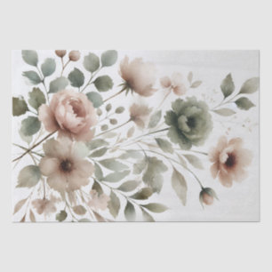 Papier Mousseline Fleurs modernes aquarelle olive poussiéreuse et ro