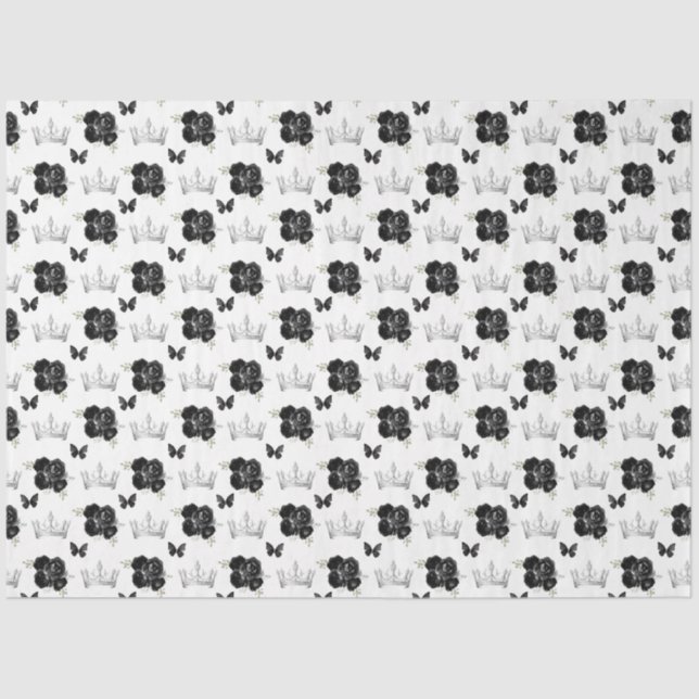 Papier Mousseline Fleurs noires et Couronnes d'argent (Recto)