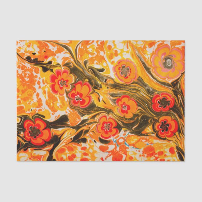 Papier Mousseline Fleurs orange du milieu du siècle avec Brown jaune (Recto)