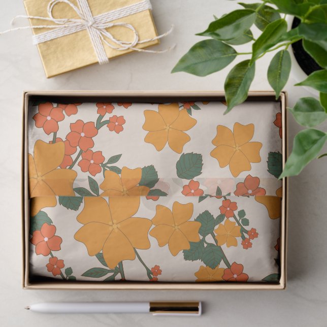 Papier Mousseline Fleurs Oranges, Motif Floral, Motif De Fleurs (Cadeau)