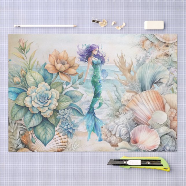 Papier Mousseline Fleurs pastel de plage Mermaid & Coquillages Décou (Artisanat)