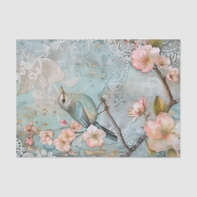 Papier Mousseline Fleurs printanières avec oiseau bleu (Recto)