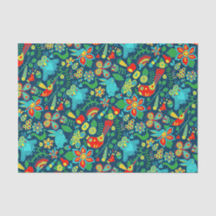 Papier Mousseline Fleurs rétro colorées Oiseaux et papillons