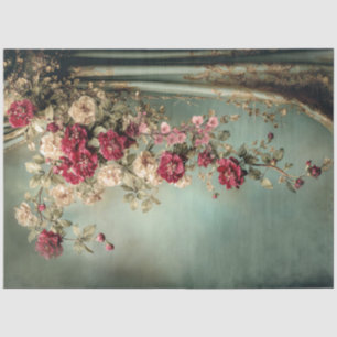 Papier Mousseline Fleurs romantiques et drapé, cramoisi et vert saug
