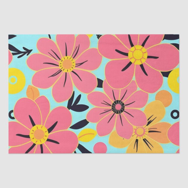 Papier Mousseline Fleurs roses et jaunes sur Sky Blue -Dopamine (Recto)