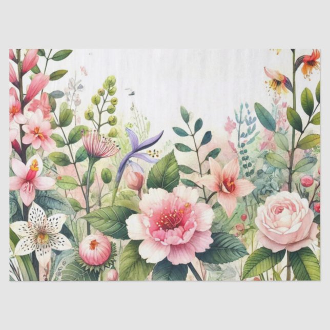 Papier Mousseline Fleurs roses Feuilles verts (Recto)