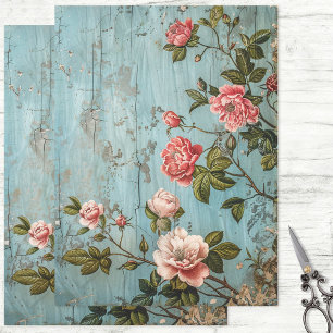 Papier Mousseline Fleurs roses rustiques sur Découpage murale en boi
