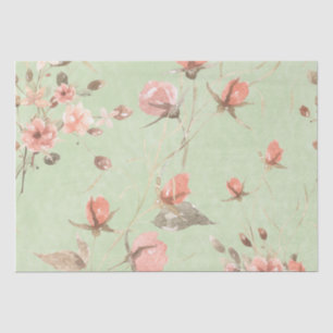 Papier Mousseline Fleurs Roses Sur Arrière - plan Vert Sage Clair