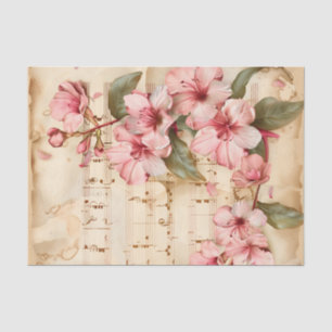 Papier Mousseline Fleurs roses vintage feuille de musique florale ép