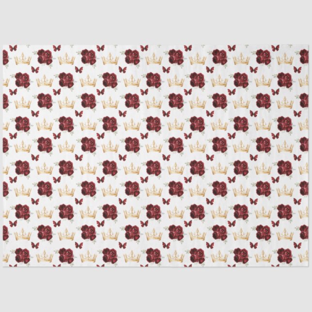 Papier Mousseline Fleurs rouges bourguignonnes et Couronnes d'or (Recto)