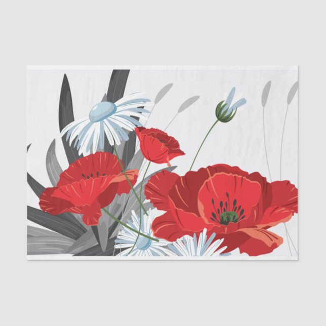Papier Mousseline Fleurs rouges et blanches Marguerites et pavots (Recto)