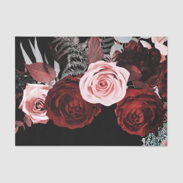 Papier Mousseline Fleurs rouges foncées et roses Mariage de verdure  (Recto)