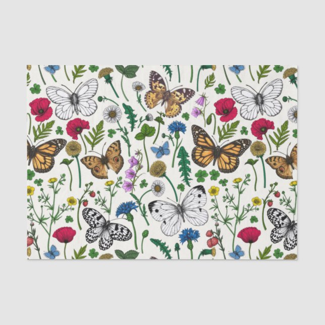 Papier Mousseline Fleurs sauvages et papillons sur blanc (Recto)