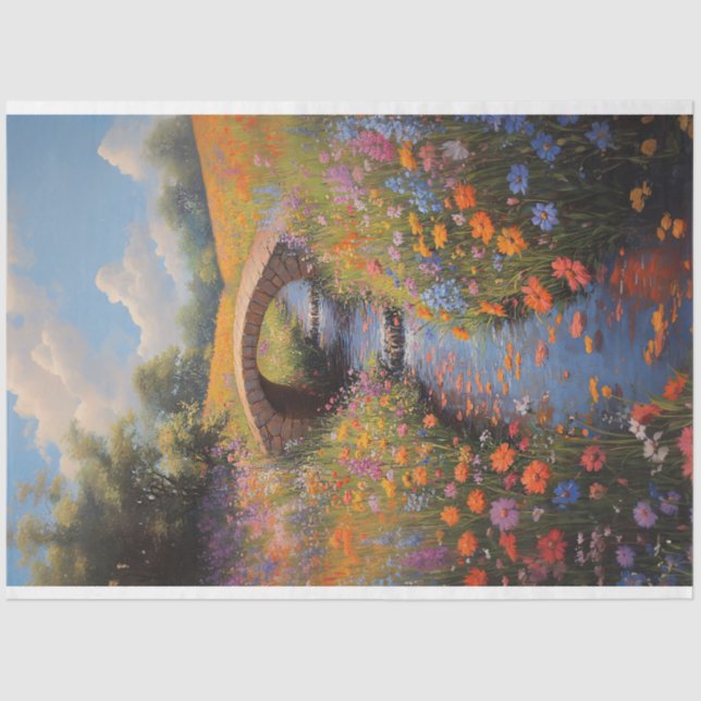 Papier Mousseline Fleurs sauvages et pont de pierre Découpage Art fi (Recto)