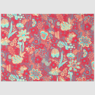 PAPIER MOUSSELINE FLEURS SAUVAGES ROUGE BLEU BLANC TULIPES, FEUILLES