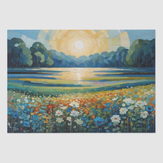 Papier Mousseline Fleurs sauvages Sunrise Abstraits En Bleu, Blanc,  (Recto)