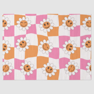 Papier Mousseline Fleurs souriantes rétro sur des damiers déformés 
