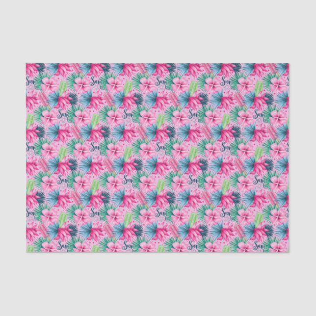 Papier Mousseline Fleurs tropicales brillantes rose vert bleu Floral (Recto)