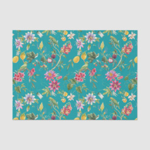 Papier Mousseline Fleurs tropicales, fruits et oiseaux Turquoises