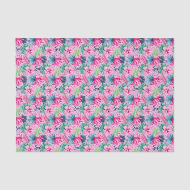 Papier Mousseline Fleurs tropicales lumineuses rose vert bleu Floral (Recto)