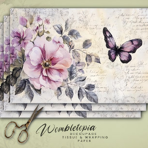 Papier Mousseline Fleurs vintages et papillon rose et pourpre double