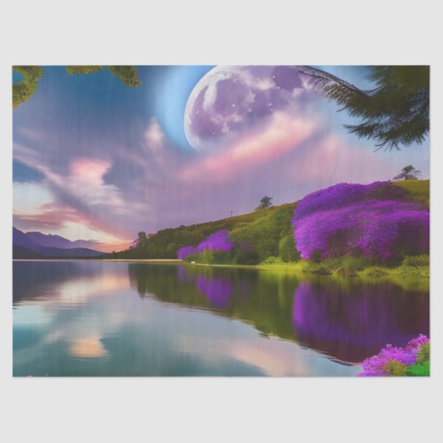Papier Mousseline Fleurs violettes Lune et reflet du lac (Recto)