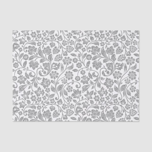 Papier Mousseline Floral argenté scintillant sur le blanc (Recto)